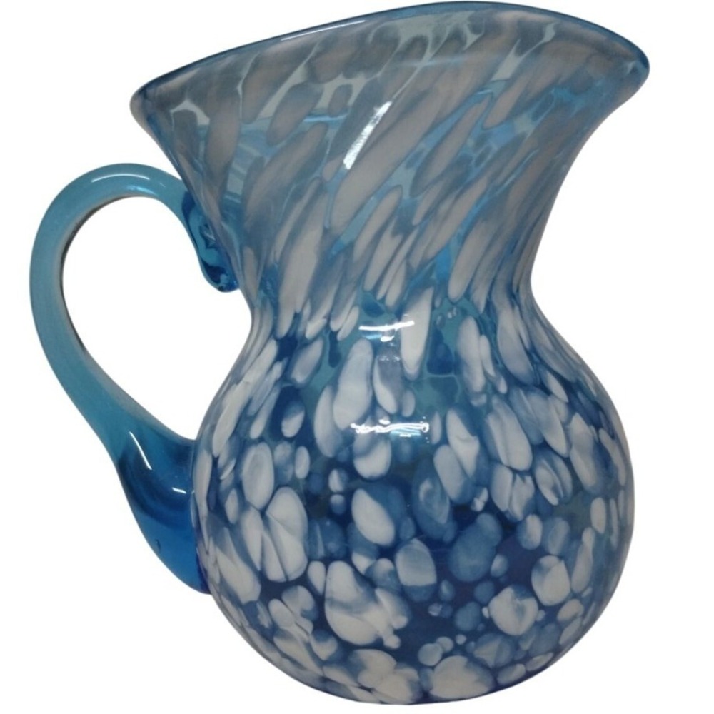 Art Glass Pitcher Blue White Swirl Hand‎ Blown Decorative Vase Carafe